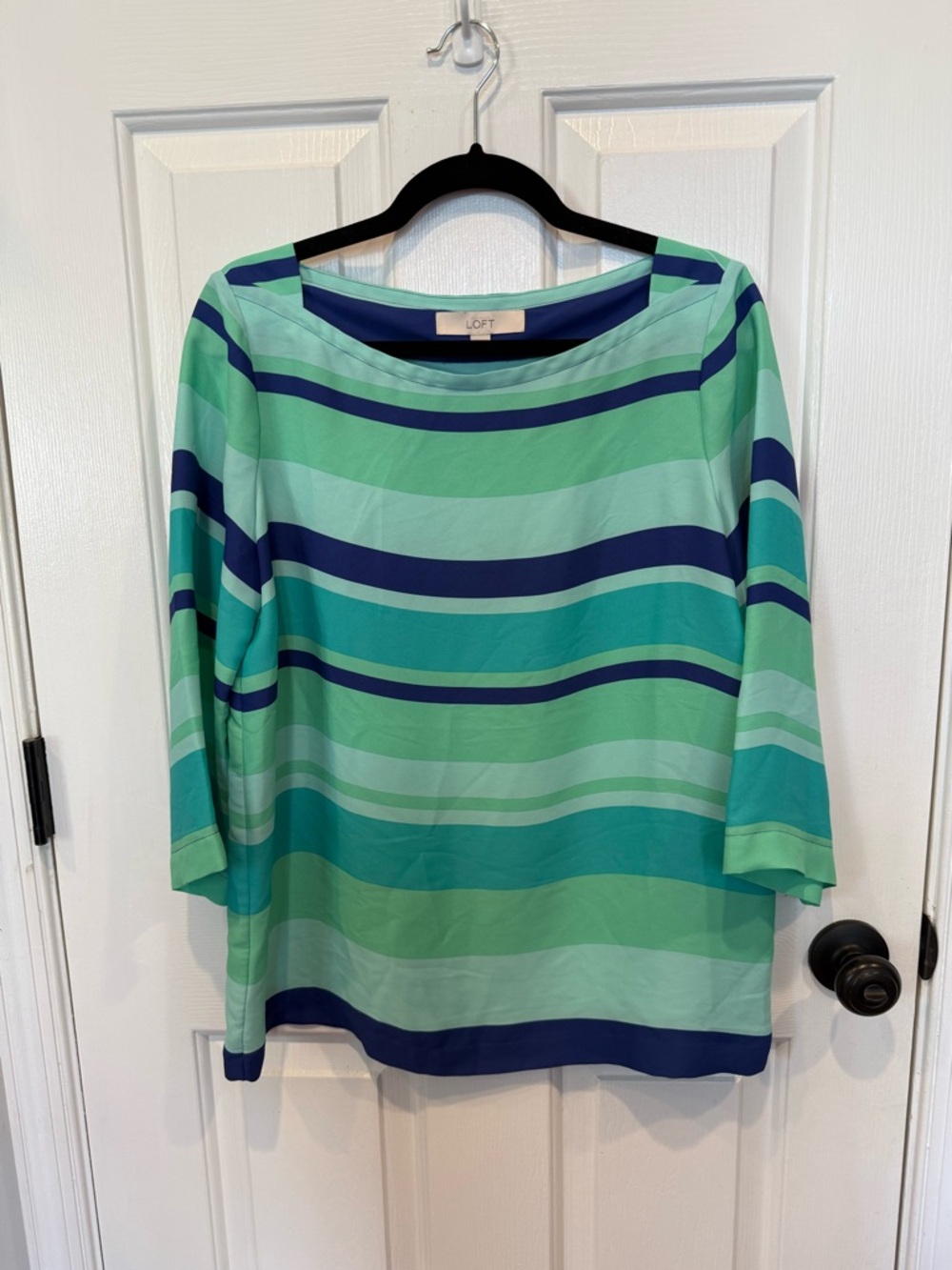 LOFT Teal, Mint & Navy Striped Boatneck Blouse